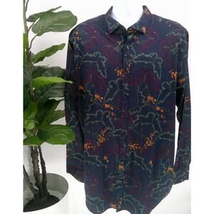 Murano Liquid Luxury Mens Dark Blue Leaves Fall Autumn Button Up Shirt Size 2XT